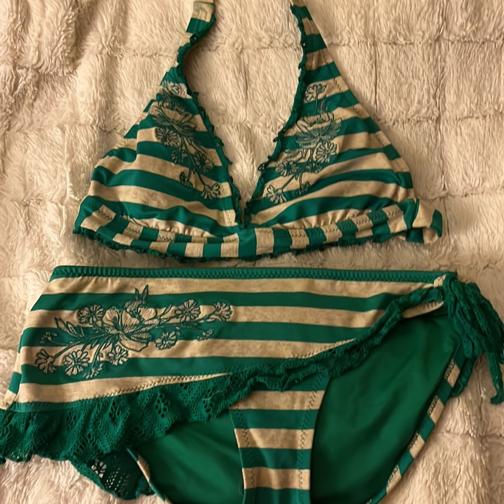 BECCA Green and Cream Striped Bikini Set